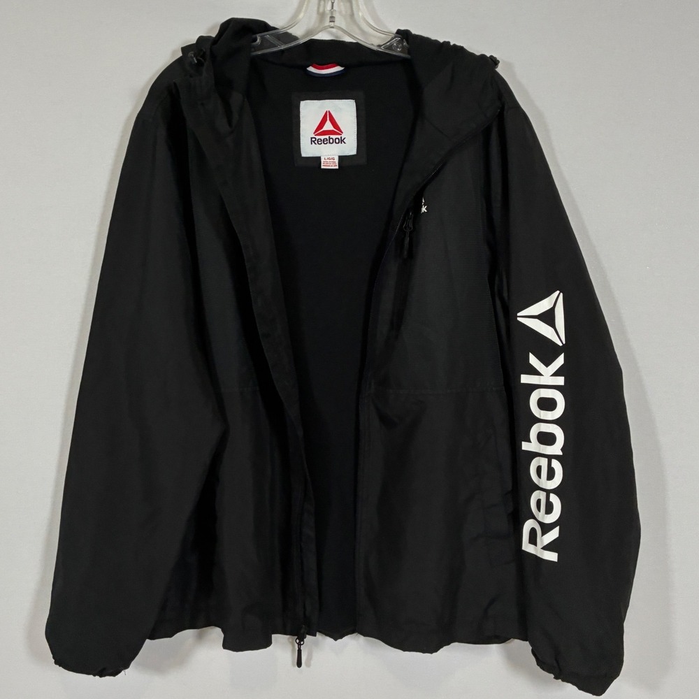 Reebok Mens Large Black Full Zip Hooded Windbreaker Jacket OMRD373